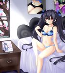  2015 bed black_hair blue_bra blue_panties blush bra breasts cherry_blossoms choujigen_game_neptune_mk2 dated drawer hair_ornament hair_ribbon highres long_hair neptune_(choujigen_game_neptune) neptune_(series) noire panties photo_(object) poster_(object) purple_hair red_eyes ribbon solo tram_nguyen twintails underwear undressing very_long_hair window yuri 