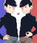  alternate_eye_color atarime bad_id bad_twitter_id black_hair black_shirt blue_background blue_eyes brothers hand_on_hip heart male_focus matsuno_karamatsu matsuno_osomatsu money_gesture multiple_boys osomatsu-kun osomatsu-san red_background red_eyes shirt siblings smirk turtleneck two-tone_background 