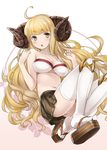  47agdragon :o ahoge anila_(granblue_fantasy) armor bangs bare_shoulders blonde_hair blunt_bangs blush bra breasts brown_hair cleavage collarbone draph eyebrows eyebrows_visible_through_hair granblue_fantasy hand_on_own_shoulder highres horns knee_pads large_breasts long_hair looking_at_viewer midriff navel panties parted_lips sandals simple_background solo stomach strapless strapless_bra thighhighs underwear very_long_hair white_background white_bra white_legwear white_panties 