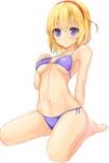  alice_margatroid arm_behind_back barefoot bikini blonde_hair blue_bikini blue_eyes blush breasts hairband highres looking_at_viewer medium_breasts navel shiny shiny_skin shiron_(e1na1e2lu2ne3ru3) short_hair side-tie_bikini simple_background sitting solo swimsuit touhou triangle_mouth underboob wariza white_background 