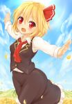  ascot blonde_hair blue_sky cloud day fang flower hair_ribbon looking_at_viewer outstretched_arms petals red_eyes ribbon rumia shiron_(e1na1e2lu2ne3ru3) shirt short_hair skirt skirt_set sky smile solo touhou vest 