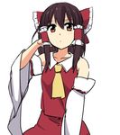  adjusting_hair ascot bare_shoulders blush bow brown_hair detached_sleeves expressionless hair_bow hair_tubes hakurei_reimu large_bow leon_(mikiri_hassha) long_hair looking_at_viewer red_eyes skirt skirt_set solo touhou vest 