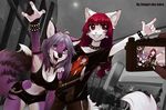  2015 \m/ anthro band_shirt big_breasts black_nose breasts camera canine cat chain cleavage clothed clothing collar duo duo_focus ear_piercing feline female fur group guitar hair inner_ear_fluff iskra mammal midriff musical_instrument open_mouth piercing pink_nose purple_fur purple_hair red_eyes red_hair seelena_zorn selene_(boha) shorts skimpy smile spiked_collar spiked_wristband sports_bra stripes tongue tongue_out white_fur 