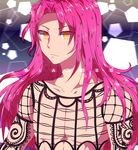  caramell0501 character_name collarbone diavolo engrish fishnets jojo_no_kimyou_na_bouken long_hair male_focus pentagon_(shape) pink_hair ranguage solo tattoo upper_body yellow_eyes 