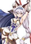  animal_ears armor armored_dress armpits arms_up blush braid breasts cape cat_ears cleavage dress erune granblue_fantasy hairband heles long_hair medium_breasts polearm short_dress silver_hair single_braid smile solo spear strapless takitsubo thighhighs very_long_hair weapon yellow_eyes 
