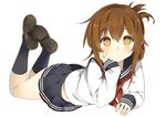  bad_id bad_twitter_id black_legwear brown_eyes brown_hair chin_rest folded_ponytail full_body hand_on_own_face inazuma_(kantai_collection) kantai_collection legs_up loafers long_hair long_sleeves looking_at_viewer lying no_pupils on_stomach pleated_skirt school_uniform serafuku shimeji_(4_me_ji) shoes simple_background skirt sleeves_past_wrists socks solo white_background 