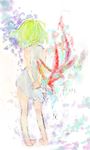  arms_behind_back bare_legs bare_shoulders barefoot bracelet breath_of_fire breath_of_fire_v dress from_behind full_body green_hair hands_together jewelry nina_(breath_of_fire_v) red_wings short_hair simple_background solo standing tattoo v_arms wings 