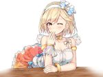  alternate_costume bad_id bad_pixiv_id bare_shoulders blonde_hair blush bracelet breasts brown_eyes cleavage collarbone djeeta_(granblue_fantasy) elbow_rest granblue_fantasy hairband hakuishi_aoi hand_to_own_mouth jewelry looking_at_viewer medium_breasts miniskirt one_eye_closed orange_skirt parted_lips puffy_short_sleeves puffy_sleeves short_hair short_sleeves skirt smile solo superstar_(granblue_fantasy) table white_background 