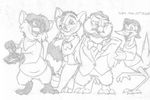  anthro avian bird bottomless bow_tie clothed clothing cute_fangs digitigrade female front_view furrification greyscale group half-dressed male mammal mizzyam monochrome open_mouth owl pencil_(artwork) raccoon rodent semi-anthro sketch sliders standing stork traditional_media_(artwork) 