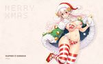  bikini blush breasts cape christmas christmas_tree_costume cleavage hat headphones highres large_breasts long_hair looking_at_viewer merry_christmas navel nitroplus open_mouth pink_eyes pink_hair santa_hat smile solo star star_print striped striped_legwear super_sonico swimsuit thighhighs tsuji_santa 