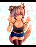  :d ahoge animal_ears armlet artist_name bare_shoulders black_shirt blue_eyes breasts brown_legwear claw_pose cleavage collarbone denim denim_shorts fangs fox_ears fox_tail head_tilt heart highres kitsune large_breasts looking_at_viewer open_mouth original palms red_eyes shapen_kezuri_(s.k) shirt short_hair short_shorts shorts sleeveless sleeveless_shirt smile solo standing star starry_background tail teeth thigh_gap thighhighs wrist_cuffs 