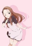  brown_eyes brown_hair highres idolmaster idolmaster_(classic) index_finger_raised jewelry long_hair looking_at_viewer minase_iori monsterx necklace one_eye_closed pink_background solo 