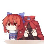  :/ bags_under_eyes bow cape chopsticks cloak cup cup_ramen disembodied_head expressionless food hair_between_eyes hair_bow long_sleeves mundane_utility noodles red_eyes red_hair sekibanki sh_(562835932) short_hair simple_background sketch solo touhou white_background 