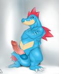  anthro balls crossed_arms digital_media_(artwork) erection feraligatr front_view grin knot male naughty_face nintendo pok&eacute;mon scalie seyrmo sheath signature solo spread_legs spreading standing tail_between_legs video_games 