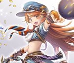  belt breasts bridal_gauntlets brown_eyes brown_hair cleavage crop_top eyes_visible_through_hair granblue_fantasy gun long_hair looking_at_viewer mary_(granblue_fantasy) medium_breasts midriff narumizg open_mouth outstretched_arm puffy_short_sleeves puffy_sleeves short_sleeves skirt skirt_set smile solo spiked_hair weapon 