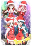  akagi_towa amanogawa_kirara blue_eyes blue_hair blush breasts brown_hair choker christmas cleavage dress eyebrows fur_trim gloves go!_princess_precure grin group_picture hanzou haruno_haruka hat headset kaidou_minami kneeling lace_border merry_christmas multiple_girls outstretched_arms outstretched_hand pink_legwear pose precure purple_eyes red_eyes red_gloves red_hair santa_costume santa_gloves santa_hat sleeveless sleeveless_dress small_breasts smile snowflakes sparkle thick_eyebrows 
