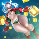  bikini blue_eyes boots breasts fingerless_gloves gift glasses gloves green_bikini jacket lokman_lam long_hair looking_at_viewer medium_breasts open_mouth silver_hair skindentation smile solo swimsuit teeth thick_thighs thighs underboob white_bikini 