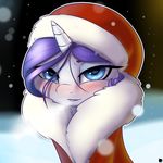  2015 absurd_res blue_eyes blush captainpudgemuffin christmas clothed clothing equine eyeshadow female friendship_is_magic fur hair half-closed_eyes hat hi_res holidays horn looking_at_viewer makeup mammal my_little_pony outside purple_hair rarity_(mlp) santa_hat snow solo unicorn white_fur 