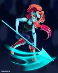  2015 anthro boots clothing eye_patch eyewear female fish footwear hair humanoid long_hair looking_at_viewer marine melee_weapon pepooni polearm red_hair sharp_teeth slit_pupils solo spear teeth undertale undyne video_games weapon 