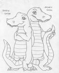  alligator anthro bobin_gator crocodile crossed_arms digitigrade english_text featureless_crotch female front_view greyscale holding_tail looking_at_viewer male mizzyam monochrome pencil reptile scalie sharp_teeth standing tail_between_legs teeth text urchen_croc 