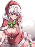  alternate_costume arm_support asymmetrical_hair box braid breasts capelet colored_eyelashes covered_nipples gift gift_box hair_between_eyes hair_ornament hat kantai_collection large_breasts light_smile lips long_hair looking_at_viewer micro_bikini_top miniskirt pom_pom_(clothes) red_capelet red_skirt santa_costume santa_hat silver_hair single_braid sitting skirt solo taka_(sanoujo358) unryuu_(kantai_collection) very_long_hair yellow_eyes yokozuwari 