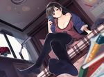  2015 arm_support bangs bare_shoulders black_hair black_legwear blanket blue_jacket blurry blush bokeh book_stack borrowed_character breasts calendar_(object) ceiling ceiling_light cellphone cleavage closed_mouth collarbone curvy depth_of_field desk desk_lamp dress dutch_angle feet flower fluorescent_lamp foreshortening from_below full_body furukawa_itsuse glass hairband head_tilt holding holding_phone indoors jacket lamp large_breasts long_hair looking_at_viewer mattress no_shoes off_shoulder on_bed original phone plaid red_dress red_flower rose short_dress sitting sliding_doors smile soles solo thighhighs vase window 