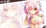  animal_ears areola_slip areolae breasts brown_eyes cat_ears cat_tail grin hair_ribbon highres large_breasts long_hair looking_at_viewer navel one_eye_closed original pink_hair raised_eyebrow ribbon shia_flatpaddy smile solo syroh tail zoom_layer 