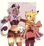  :3 animal_ears antenna_hair bangs bare_shoulders belt blonde_hair blue_eyes boots brass_knuckles breasts brown_eyes brown_footwear brown_gloves brown_shorts buckle cat_ears cat_tail cleavage clenched_hands closed_mouth cowboy_shot crop_top crossed_belts curly_hair dav-19 deviantart_username dress elbow_gloves electricity expressionless fighting_stance flipped_hair from_behind fur-trimmed_gloves fur_trim gen_1_pokemon gloves gold grey_background hair_between_eyes hands_up hood hood_down hooded_dress koban_(gold) layered_sleeves legs_apart long_hair long_sleeves looking_at_viewer looking_back loose_belt medium_breasts meowth midriff multiple_belts multiple_girls multiple_sources navel outstretched_arms outstretched_hand pantyhose parted_bangs personification pikachu pikachu_ears pikachu_tail pokemon pokemon_(anime) pokemon_ears scarf shirt short_hair short_shorts shorts signature single_letter sleeveless sleeveless_shirt sleeves_past_wrists smile spiked_gloves spiked_knuckles spikes standing stomach striped_sleeves tail team_rocket_uniform thigh_boots thighhighs torn_clothes torn_legwear torn_scarf watermark weapon web_address white_legwear white_scarf wide_sleeves yellow_dress 