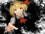  :d amino_(tn7135) ascot bad_id bad_pixiv_id blonde_hair blouse collared_shirt cravat fingernails from_above grin hair_ribbon long_fingernails long_sleeves looking_at_viewer looking_up open_mouth red_eyes red_ribbon ribbon rumia shirt short_hair simple_background smile solo teeth touhou vest white_blouse white_shirt wing_collar 