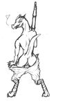  anthro butt clothed clothing digitigrade female foot_wraps from_behind gun half-dressed kobold korban open_mouth pants pussy raised_tail ranged_weapon reptile rifle scalie solo topless undressing weapon 