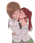  aomushi_(mushamusha) blush brown_eyes brown_hair commentary_request covering_mouth girls_und_panzer green_skirt hand_on_another's_head highres hug implied_kiss kadotani_anzu long_hair looking_at_another looking_at_viewer multiple_girls nishizumi_miho ooarai_school_uniform saliva school_uniform serafuku short_hair skirt sweat twintails yuri 