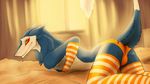  2015 anthro blue_fur butt clothing fur girly hi_res legwear linuell looking_at_viewer male murrkus sergal simple_background smile solo stockings stripes 