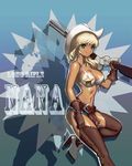  bikini_top blonde_hair blue_eyes boots breasts cleavage cowboy_hat dark_skin gun hat large_breasts lever_action long_hair lucky9 original rifle smile solo weapon western 
