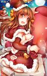  1girl ass breasts brown_eyes brown_hair butt_crack chimney christmas hair_ribbon highres long_hair medium_breasts original ribbon sack santa_costume sideboob snow stuck suoni_(deeperocean) wavy_mouth 