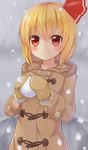  blonde_hair blush coat hair_ribbon highres looking_at_viewer mittens red_eyes ribbon rumia shiron_(e1na1e2lu2ne3ru3) short_hair smile snowball snowing solo touhou upper_body winter_clothes 