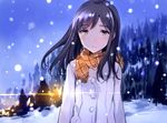  bad_id bad_pixiv_id black_hair highres jacket lens_flare outdoors plaid plaid_scarf scarf snow solo tan_(tangent) 