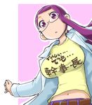  breasts glasses kusuri_no_marjoram large_breasts long_hair mahou_yuki navel purple_eyes purple_hair solo suzushiro_seri translated 