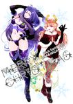  black_footwear boots breasts brown_eyes brown_hair christmas earrings fake_horns fang fur-trimmed_boots fur_trim hat huge_breasts jewelry jobo_(isi88) lina_inverse long_hair merry_christmas multiple_girls naga_the_serpent pantyhose purple_eyes purple_hair sack santa_hat scarf slayers thigh_boots thighhighs very_long_hair 