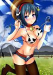  animal_ears animal_print bikini_top blue_eyes blue_hair boots breasts cleavage cow_ears cow_print cow_tail hat highres large_breasts milk original short_hair solo suika_(atelier-yuu) tail 