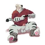  balls barazoku blush bottomless circumcised clothed clothing controller cut ear_piercing erection feline half-dressed hoodie humanoid_penis justin legwear male mammal paws penis piercing socks spread_legs spreading stripes tiger video_games wdh3905 