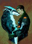  armor blue_eyes brown_hair female fur green_eyes grey_fur hair helmet hug human male male/female mammal midriff pencil-white sergal smile titanfall 