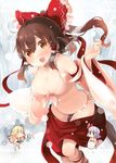  :d bikini blush bow breasts brown_eyes brown_hair cleavage commentary_request detached_sleeves front-tie_top hair_bow hair_tubes hakurei_reimu kirisame_marisa large_breasts long_hair looking_at_viewer minigirl multiple_girls open_mouth ponytail remilia_scarlet shin_(new) side-tie_bikini skirt skirt_pull smile snow swimsuit touhou white_bikini |_| 
