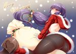  ass black_legwear blush boots bow breasts christmas fur_trim hizuki_akira hood hoodie long_hair looking_at_viewer medium_breasts natsume_(pokemon) pantyhose poke_ball_symbol pokemon pokemon_(game) purple_hair red_eyes sack santa_costume solo thighband_pantyhose very_long_hair 