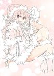  astolfo_(fate) boots braid capelet dress fang fate/apocrypha fate_(series) fur_trim hat konoe_ototsugu long_hair male_focus monochrome otoko_no_ko pink_background pink_eyes pink_hair sack santa_boots santa_costume santa_hat single_braid sketch solo 