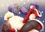  ass black_legwear blush boots bow breasts christmas fur_trim hizuki_akira hood hoodie long_hair looking_at_viewer medium_breasts natsume_(pokemon) pantyhose poke_ball_symbol pokemon pokemon_(game) purple_hair red_eyes sack santa_costume solo thighband_pantyhose very_long_hair 