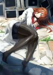  absurdres black_legwear blue_eyes brown_hair computer highres labcoat legwear_under_shorts long_hair long_sleeves lying makise_kurisu monitor necktie on_side pantyhose pantyhose_under_shorts shorts solo steins;gate three_k_(spiritus_no_honoo) 