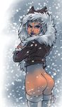  ahsoka_tano alien basedesire blue_eyes bottomless butt clothed clothing female half-dressed lips looking_at_viewer looking_back orange_skin solo star_wars togruta 