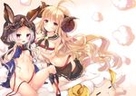  anila_(granblue_fantasy) animal_ears blonde_hair blush breasts cat_ears cleavage cloak draph ears_through_headwear granblue_fantasy hood hooded_cloak horns large_breasts long_hair looking_at_viewer multiple_girls natsuki_yuu_(amemizu) navel nipples open_mouth purple_eyes scathacha_(granblue_fantasy) sheep sheep_horns silver_hair simple_background skirt small_breasts smile thighhighs white_legwear yellow_eyes 