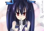  artist_name bare_shoulders black_hair blush breasts finger_to_mouth gloves hair_ornament long_hair looking_at_viewer medium_breasts neptune_(series) noire open_mouth padocchi_(kurokitsune) red_eyes ribbon sketch solo twintails 
