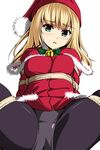  bdsm black_legwear blonde_hair blue_eyes blush bondage bound breasts eyebrows_visible_through_hair hat highres long_hair looking_at_viewer matsunaga_kouyou medium_breasts original panties panties_under_pantyhose pantyhose rope santa_costume santa_hat shibari solo spread_legs underwear 